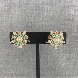 Vintage Green Rhinestone Heart + Silver Screw Back